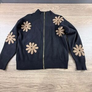 Sioni Womens Black Floral Daisy Zip Front Mock Neck Cardigan Sweater Size Medium